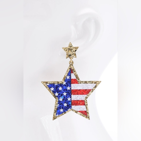 Earrings - USA American Flag Star Shaped Glitter Leather - Picture 3 of 3
